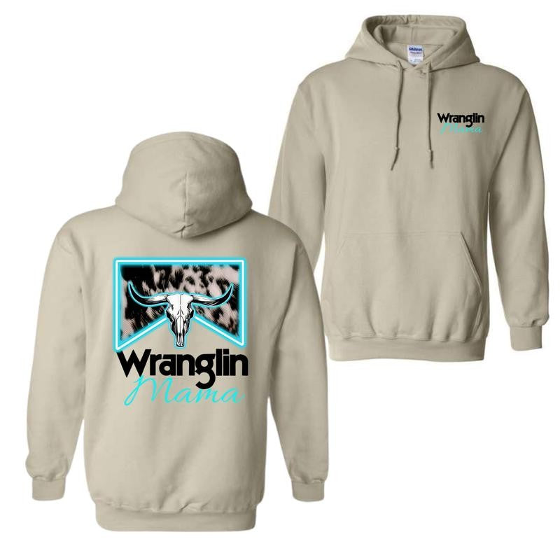 Wranglin' Mama Hoodie, Western-Inspired Graphic Hoodie, Trendy Ranch Life Hoodie, Stylish Western Apparel, Cozy and Comfortable Design