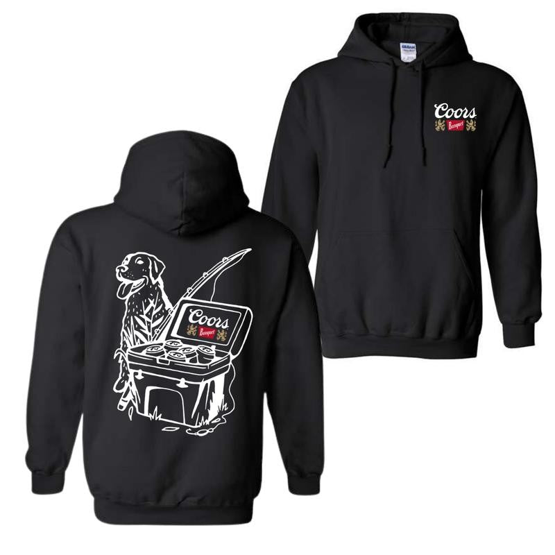 Coors Banquet Hoodie, Fishing Scene with Dog & Cooler 2 sided Hoodie and T-shirt, Unisex Hoodie
