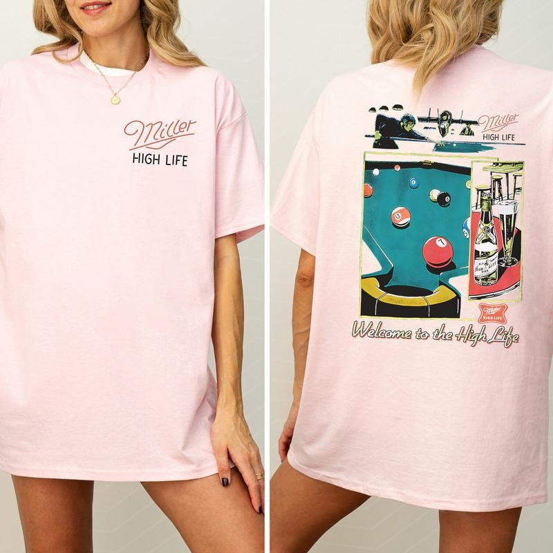 Vintage Miller High Life Sportsmans Club Shirt 2-Sided, Retro Miller High Life Graphic Printed Tee, Billiard Shirt, Cotton T-shirt, Casual Womenswear