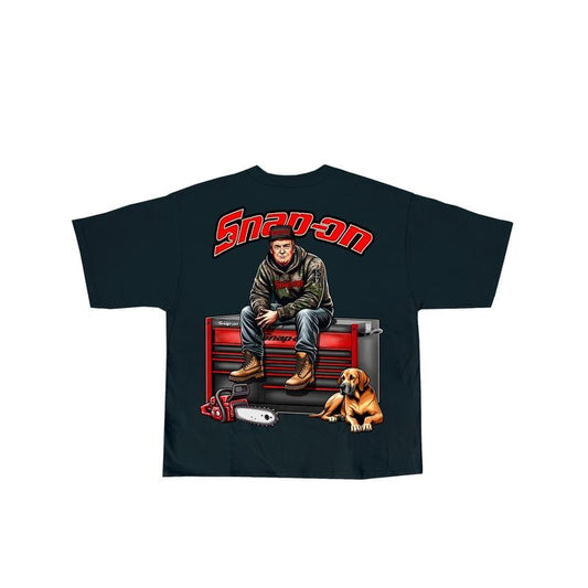 Snap-On Trump 2 Sided T-shirt, Hoodie, Crewneck Camo Workwear T-shirt, Trump With Chainsaw Graphic