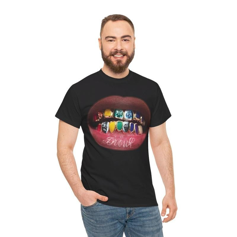 Vintage Icy Rainbow Grill Teeth Drouq Y2k 90s Hip-Hop Vibes Heavy Cotton Graphic T-Shirt Tshirt Shirt HipHop Rap Tee Casual Menswear Retro Top Classic Oversized Comfy Underwear Streetwear Crewneck
