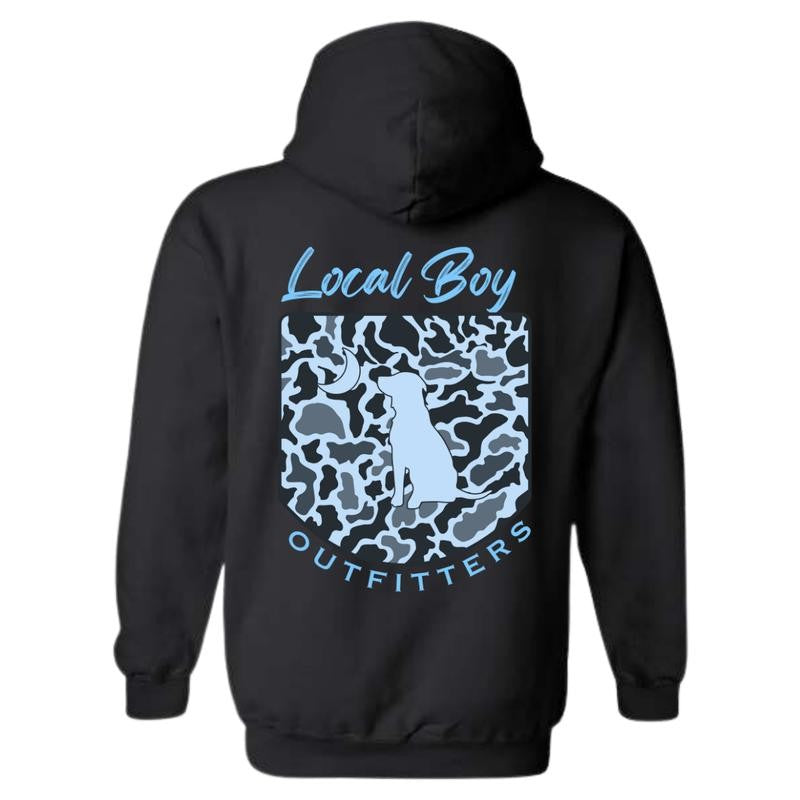 Local Boy Outfitters Hoodie - Blue Classic Camouflage Design Featuring a Dog and Moon Graphic, Perfect for Outdoor Enthusiasts and Casual Wear, Unisex Hoodie for Men and Women