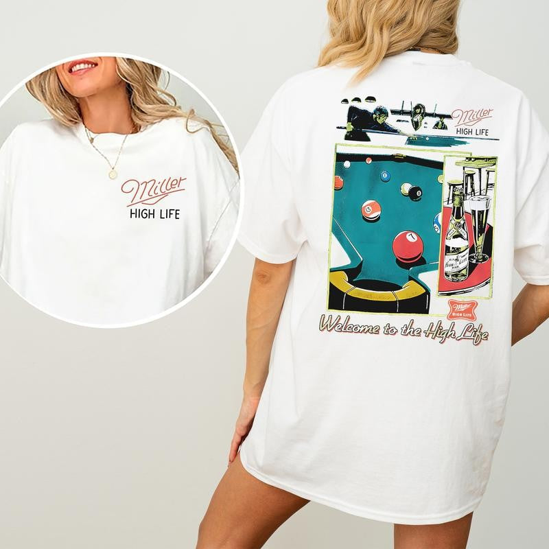 Vintage Miller High Life Sportsmans Club Shirt 2-Sided, Retro Miller High Life Graphic Printed Tee, Billiard Shirt, Cotton T-shirt, Casual Womenswear