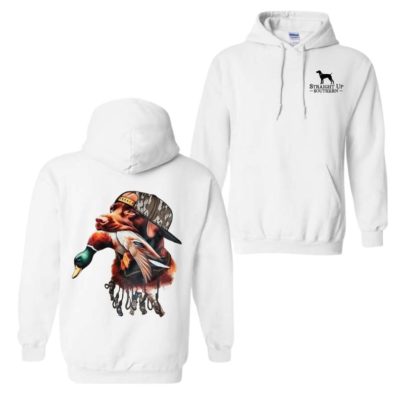 Straight Up Southern Hoodie â€“ Bold Brown Hunting Dog with Duck Graphic, Perfect for Outdoorsmen and Waterfowl Hunters, Unisex Hoodie for Adventure and Style Menswear Sweaters