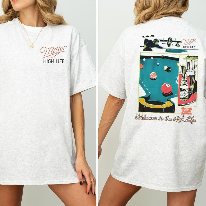 Vintage Miller High Life Sportsmans Club Shirt 2-Sided, Retro Miller High Life Graphic Printed Tee, Billiard Shirt, Cotton T-shirt, Casual Womenswear