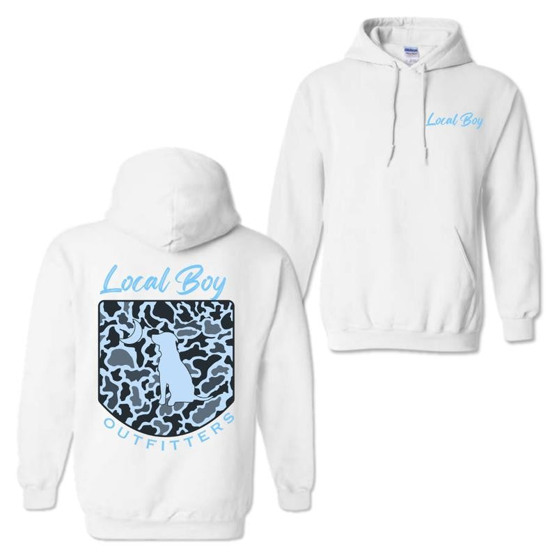 Local Boy Outfitters Hoodie - Blue Classic Camouflage Design Featuring a Dog and Moon Graphic, Perfect for Outdoor Enthusiasts and Casual Wear, Unisex Hoodie for Men and Women