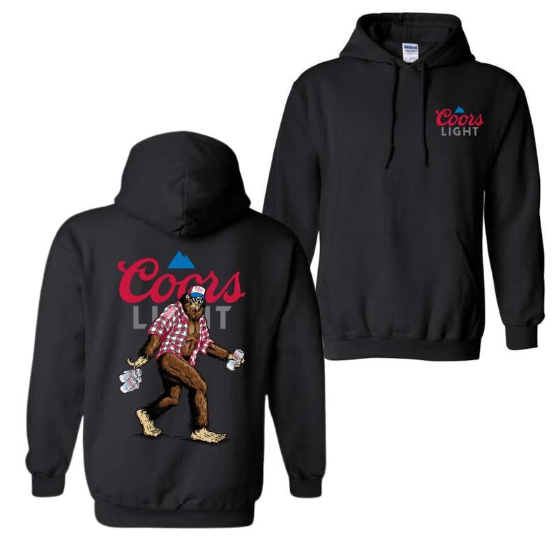 Coors Light Sasquatch Hoodie and T-shirt, Fun Bigfoot Design With Plaid Shirt And Coors Light Cans, Unisex Hoodie, Perfect For Beer Lovers And Outdoor Enthusiasts