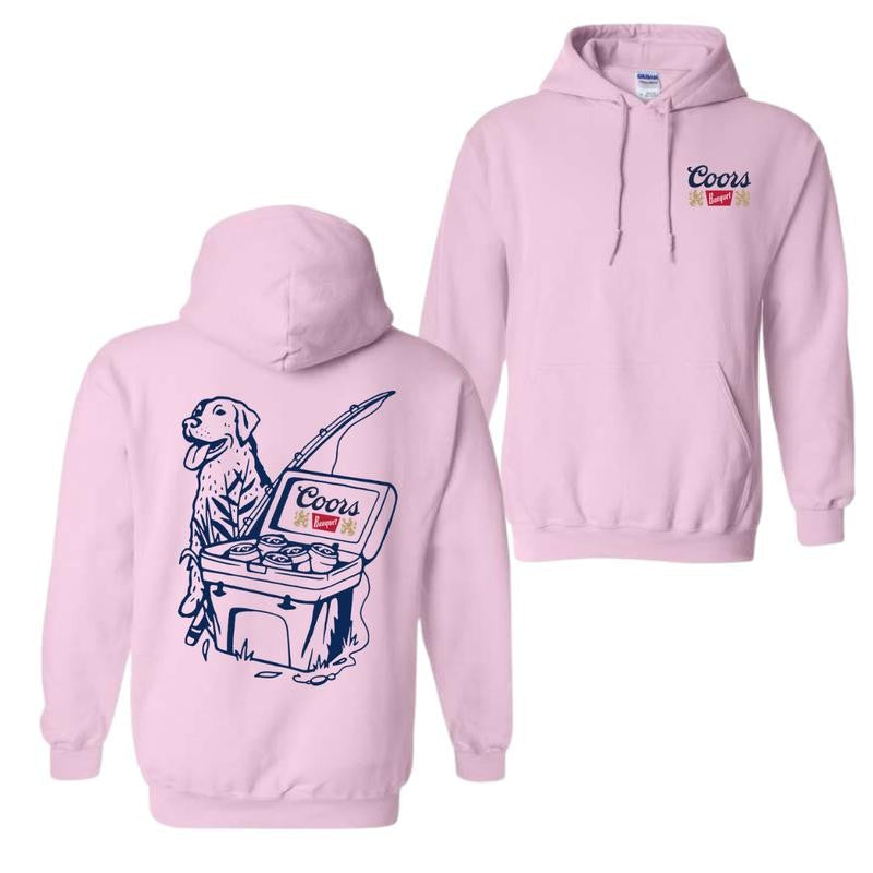 Coors Banquet Hoodie, Fishing Scene with Dog & Cooler 2 sided Hoodie and T-shirt, Unisex Hoodie
