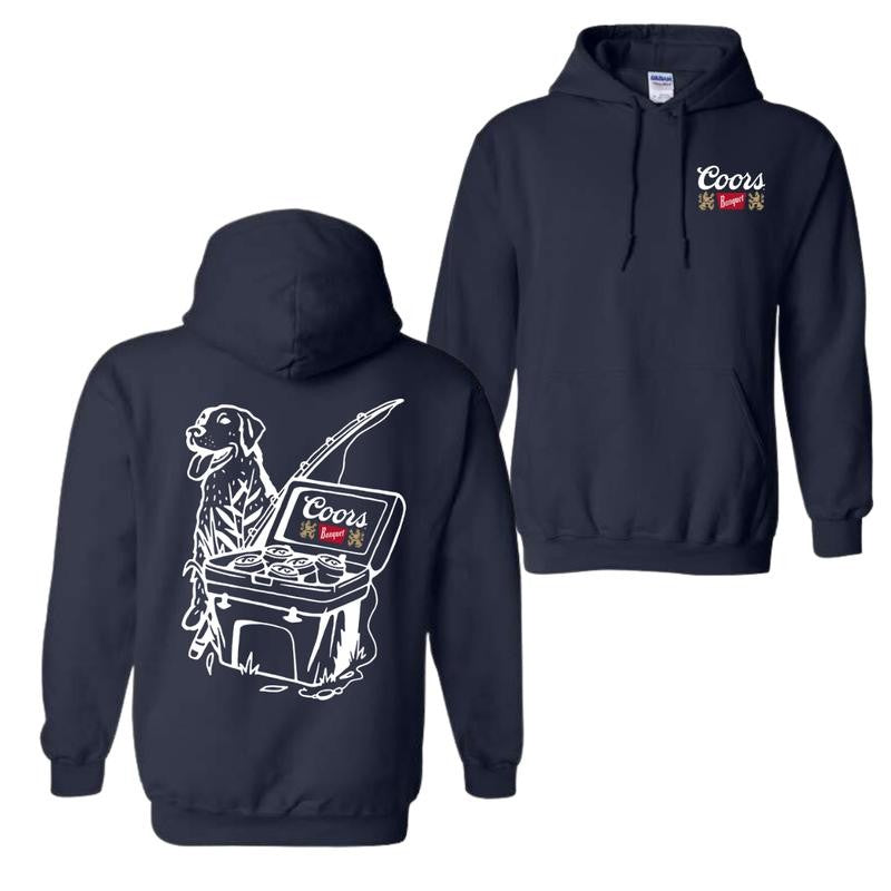 Coors Banquet Hoodie, Fishing Scene with Dog & Cooler 2 sided Hoodie and T-shirt, Unisex Hoodie