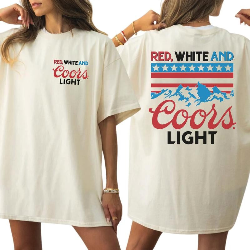 Red White And Coors Light 2 Sided Cotton T-Shirt Graphic 2 Sided Shirt, Comfort Clothing, Cotton Fabric Tshirt, Printed Women's Top, Casual Womenswear
