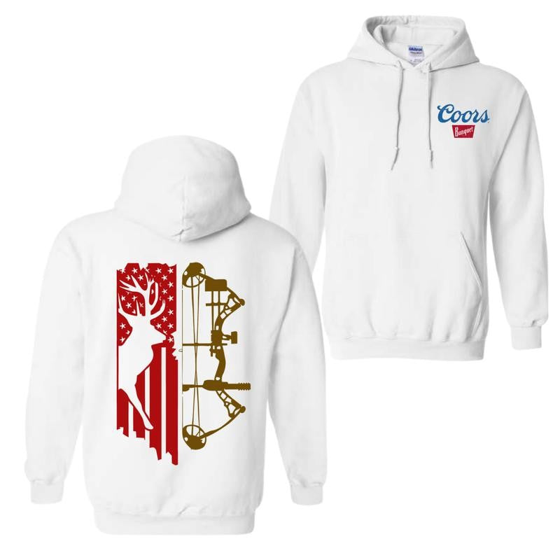 Coors Banquet Hoodie And T-Shirt, Patriotic Deer Hunting Hoodie, American Flag Archery Hoodie, Unisex Hoodie