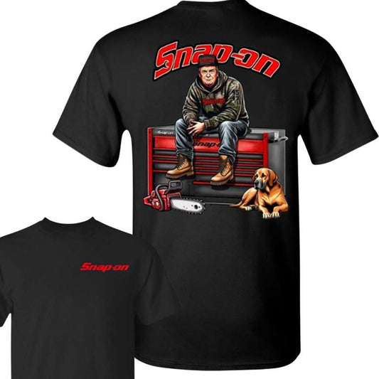 Snap-On Trump 2 Sided T-Shirt, Hoodie, Crewneck Camo Workwear Shirt, Trump With Chainsaw Graphic Unisex Casual Cotton Tee, Gift For Trump Supporter