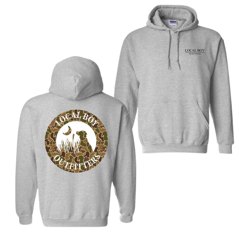 Local Boy Outfitters Hoodie - Classic Camouflage Dog Design Featuring Moon Graphics, Perfect for Outdoor Enthusiasts and Dog Lovers, For Men For Women