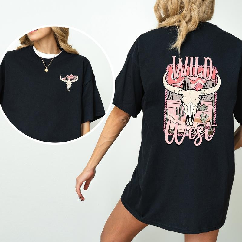 Vintage Bull Skull Wild West Graphic 2-Sided Shirt, Country Cowgirl Tshirt, Western Rodeo Cowboy T-shirt, Cotton Fabric Women's Top, Casual Womenswear