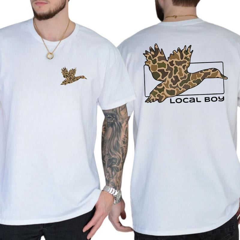 Camo Duck Hunting Shirt, Old School Camo T-Shirt Unisex 2 Sided, Casual Menswear, Classic Cotton Top, Soft Fabric Shortsleeve Shirt
