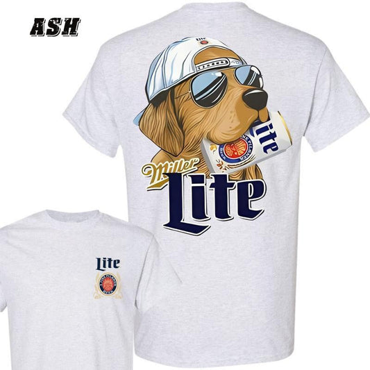 Miller Lite Dog 2-Sided T-shirt - Tee With Cool Dog And Beer Can Graphic , Perfect For Beer Lovers, Unisex T-Shirt, Cotton, Casual Graphic Round Neck T-shirt for Summer, Fashion Men's Top for Daily Wear