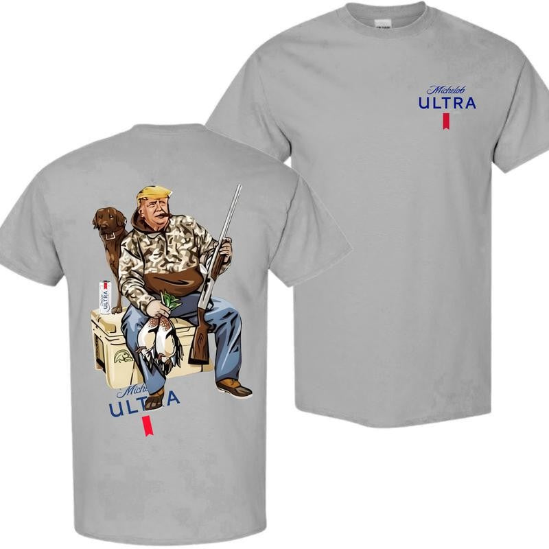 Busch Light, Hunter Trump With Michelob Ultra Beer 2 Siders T-shirt, Trump and Your Hunt Dog, Hunting Season, Perfect For Beer Lovers, Unisex T-Shirt, Cotton, Casual Graphic Trump T-shirt, Unisex T-shirt for Men and For Women