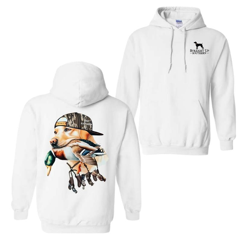 Straight Up Southern Hoodie - Bold Hunting Dog with Duck Graphic, Perfect for Outdoor Enthusiasts and Waterfowl Hunters, Unisex Hoodie
