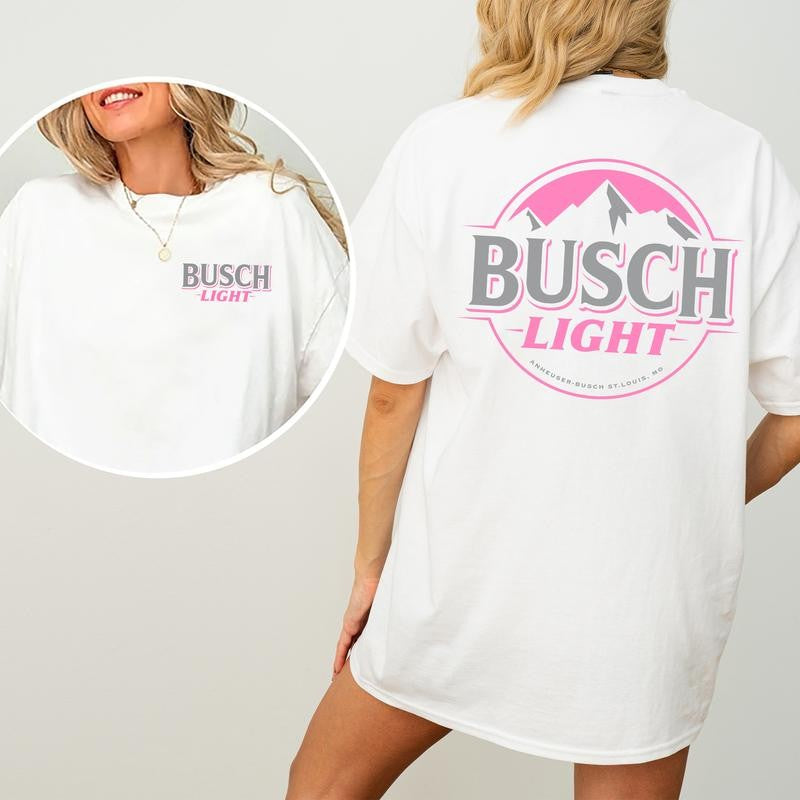 Women's Busch Light Shirt 2-Sided, Pink Logo Busch Light Tee, Summer Drink Graphic Printed Tshirt, Drink Tee for Girls, Drinking T-shirt, Soft Cotton Fabric T-shirt, Women's Top, Casual Womenswear