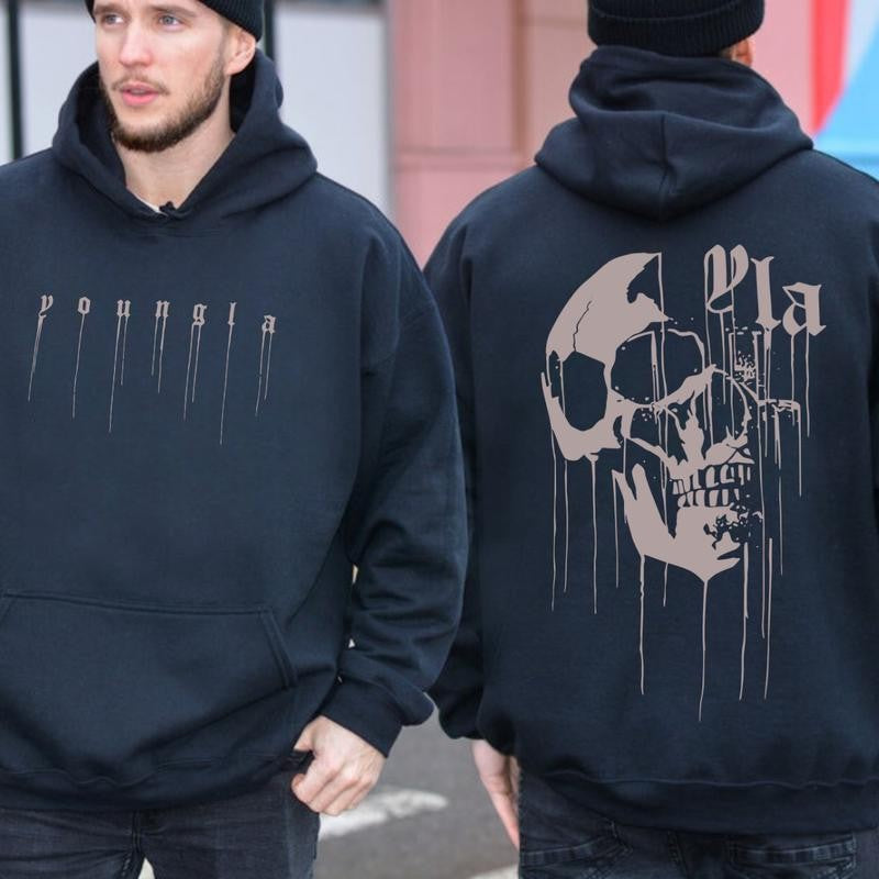 Swear Drippy Skull Hoodie Double Side Crewneck 50/50 Cotton/ polyester Casual Unisex T-Shirt with Trendy Design for Any Occasion - Retro, Fashion