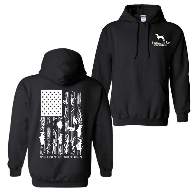Straight Up Southern Hoodie, American Flag with Hunting and Fishing Icons Hoodie, Unisex Hoodie