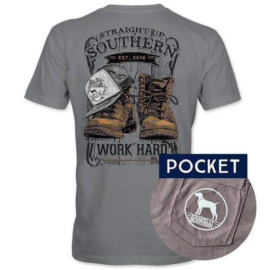 Work Hard - Vintage Work Boots and WORK HARD Pocket Tee - Grey