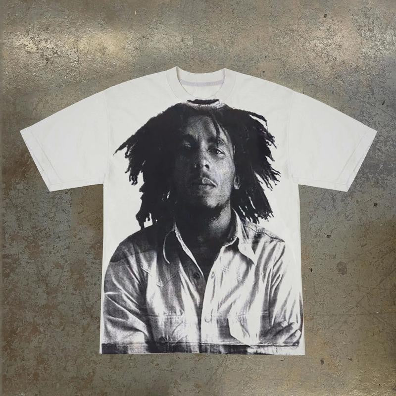 Bob Marley Print Short Sleeve Graphic Unisex T-Shirt Menswear Top Casual Tshirt Crewneck Round Neck