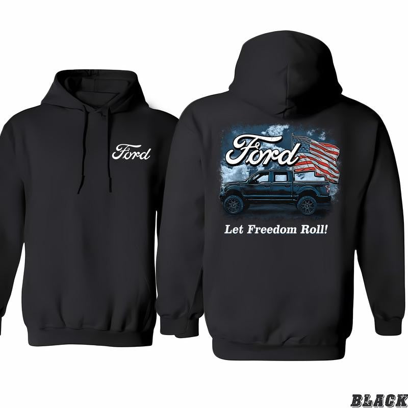Buck Wear Ford F-150 Pickup Truck Let Freedom Roll American Flag Black Hoodie, Fashion For All Tastes, Pick Your Shade, Gym To Street Wear, Unisex