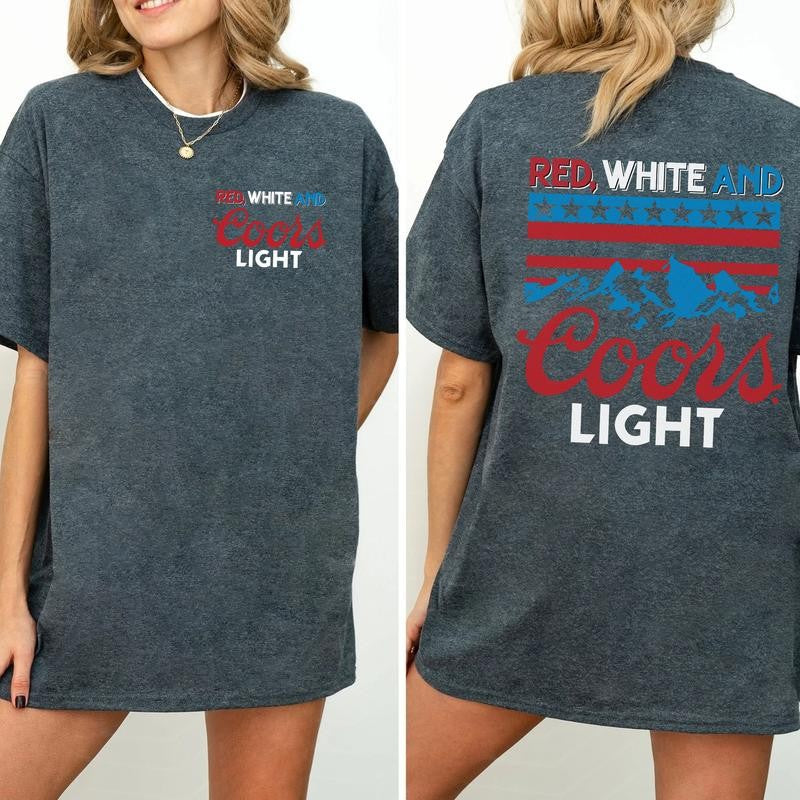 Red White And Coors Light 2 Sided Cotton T-Shirt Graphic 2 Sided Shirt, Comfort Clothing, Cotton Fabric Tshirt, Printed Women's Top, Casual Womenswear