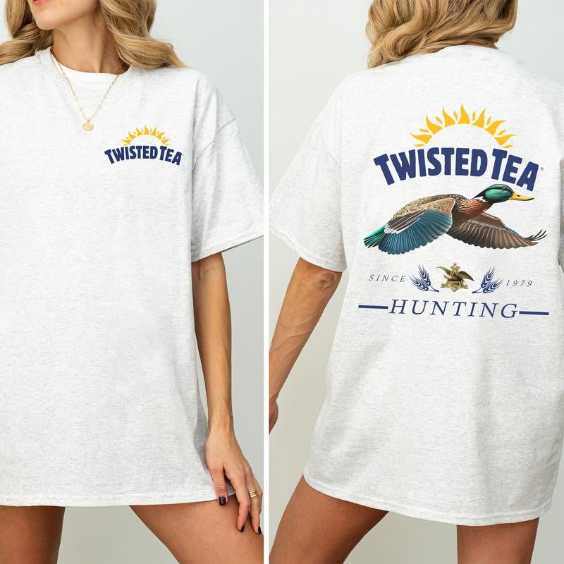 Vintage Twisted Tea Hunting Duck Shirt 2-Sided, Marllard Hunt Tshirt, Summer Hunting Graphic Printed Tee, Retro Drinking T-shirt, Drink Tee, Soft Cotton Fabric T-shirt, Women's Top, Casual Womenswear