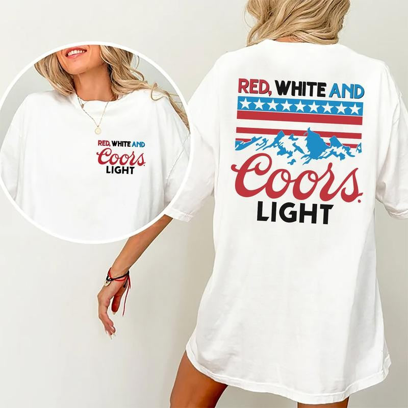 Red White And Coors Light 2 Sided Cotton T-Shirt Graphic 2 Sided Shirt, Comfort Clothing, Cotton Fabric Tshirt, Printed Women's Top, Casual Womenswear