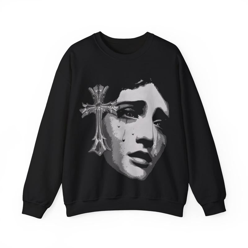 Save Me Cross Girl Heavy Blend Crewneck Sweatshirt Retro Vintage Comfy Sweater Streetwear Crewneck Long sleeve Christian Fashion Classic Cotton Fabric Menswear Tops