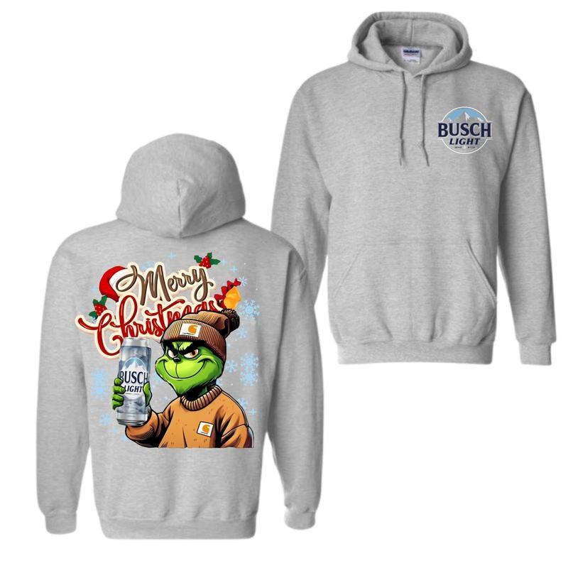 MERRY CHRISTMAS BUSCH LIGHT GRYNCH 2 SIDED Hoodie - Christmas Sweatshirt with beer, Unisex for Men and For Women