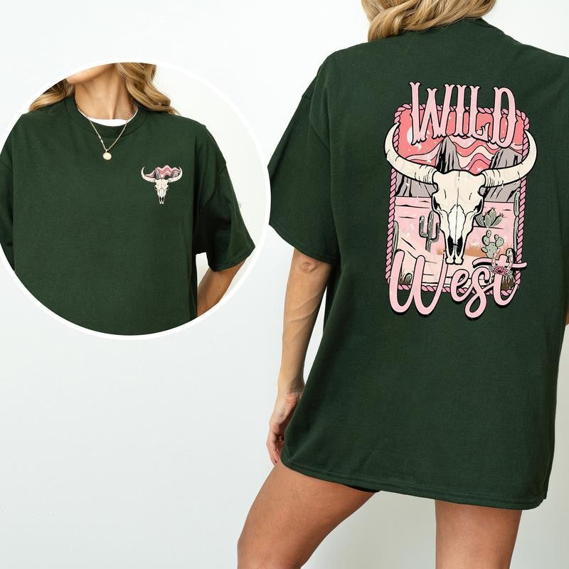Vintage Bull Skull Wild West Graphic 2-Sided Shirt, Country Cowgirl Tshirt, Western Rodeo Cowboy T-shirt, Cotton Fabric Women's Top, Casual Womenswear