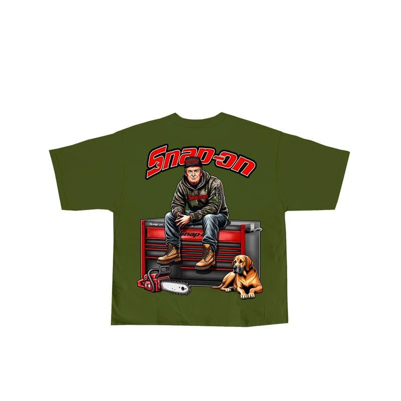 Snap-On Trump 2 Sided T-shirt, Hoodie, Crewneck Camo Workwear T-shirt, Trump With Chainsaw Graphic