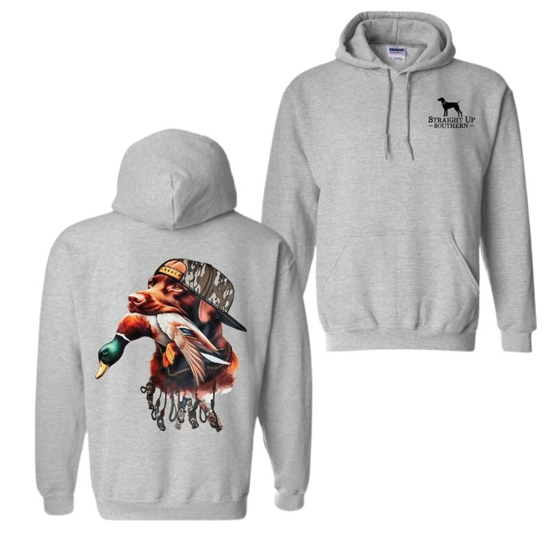 Straight Up Southern Hoodie â€“ Bold Brown Hunting Dog with Duck Graphic, Perfect for Outdoorsmen and Waterfowl Hunters, Unisex Hoodie for Adventure and Style Menswear Sweaters