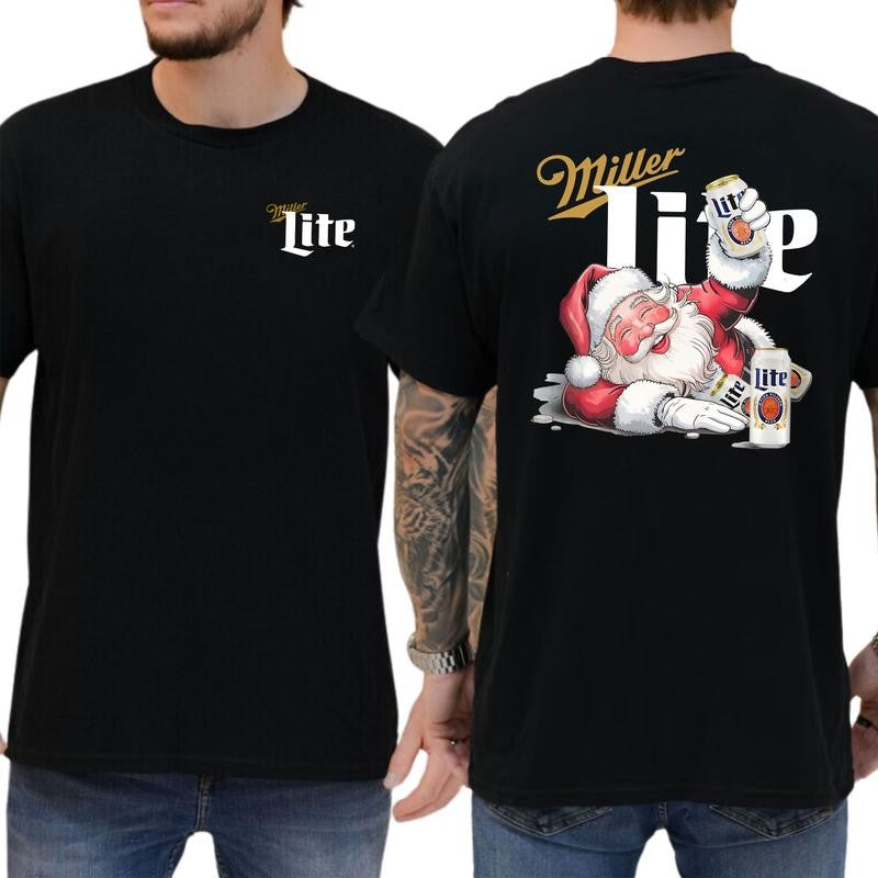 Funny Miler Lite Drunk Santa Claus Christmas Shirt, Soft Fabric Short Sleeve Shirt