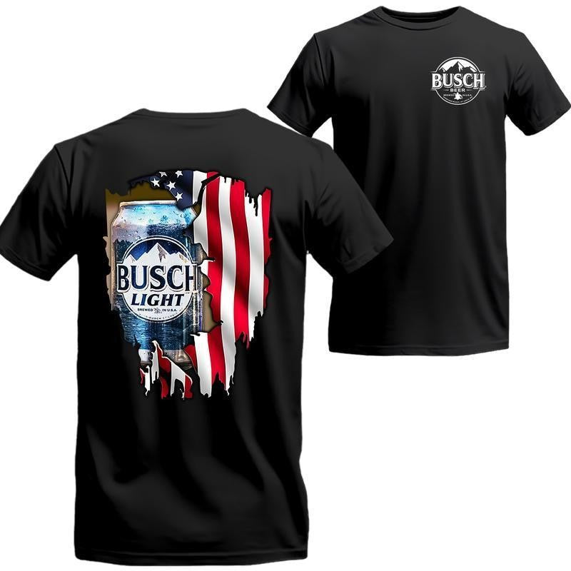 [Sale Up To 21%] Busch Light American Flag T-Shirt - Patriotic Beer Graphic Tee, Perfect for USA Beer Fans, Casual and Event Wear Cotton Menswear