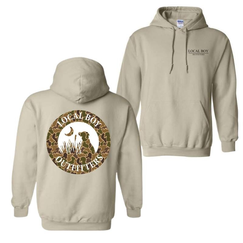 Local Boy Outfitters Hoodie - Classic Camouflage Dog Design Featuring Moon Graphics, Perfect for Outdoor Enthusiasts and Dog Lovers, For Men For Women
