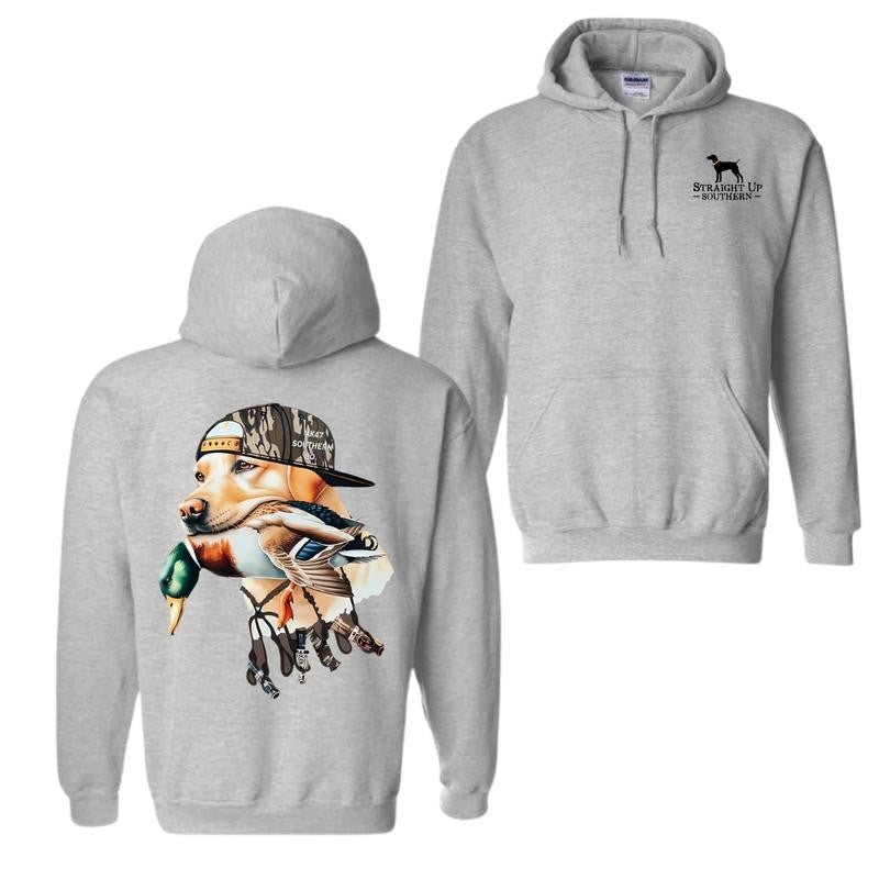 Straight Up Southern Hoodie - Bold Hunting Dog with Duck Graphic, Perfect for Outdoor Enthusiasts and Waterfowl Hunters, Unisex Hoodie