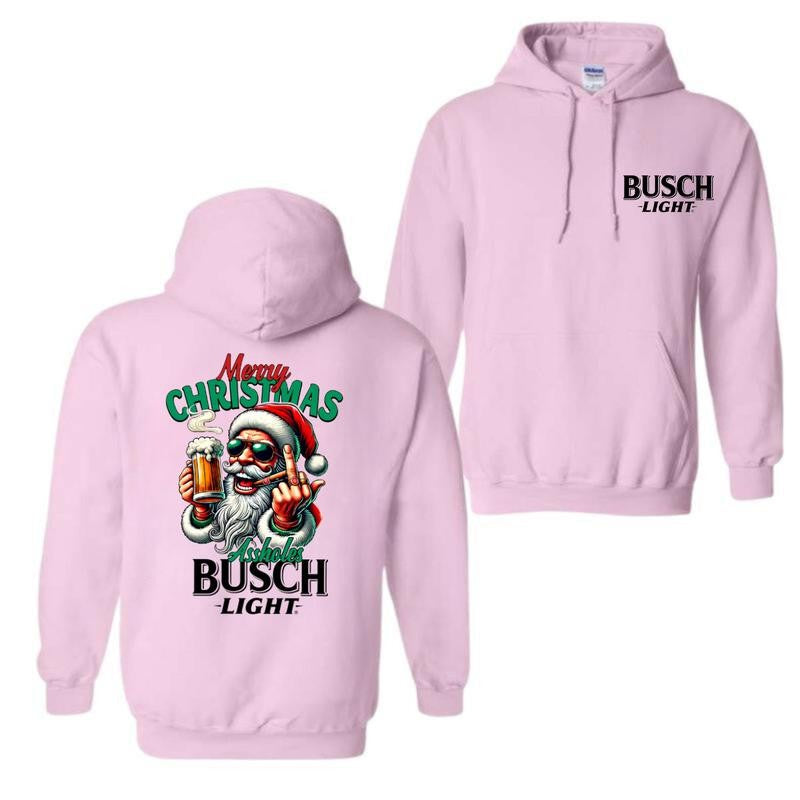 Busch Light, Merry Christmas Santa Claus Drink Beer 2 Sided Hoodie, Christmas Sweatshirt with beer, Perfect for outings and holidays, Unisex for Men and For Women