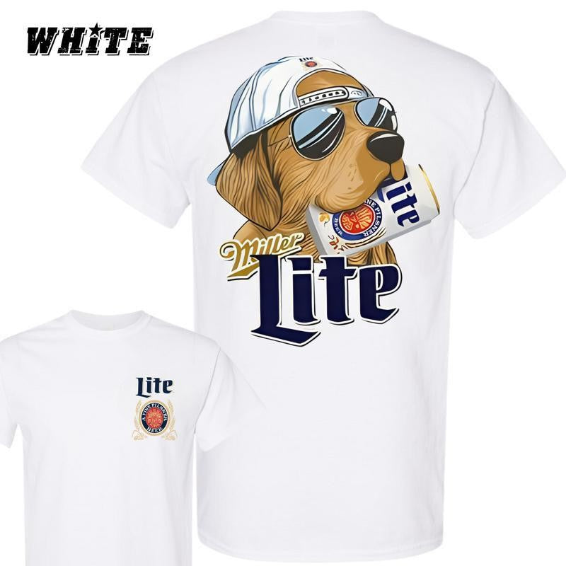 Miller Lite Dog 2-Sided T-shirt - Tee With Cool Dog And Beer Can Graphic , Perfect For Beer Lovers, Unisex T-Shirt, Cotton, Casual Graphic Round Neck T-shirt for Summer, Fashion Men's Top for Daily Wear