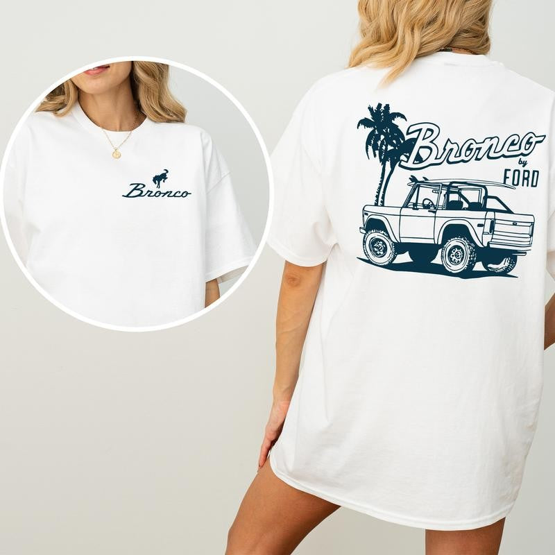 Vintage NDC Ford Bronco Graphic 2 Sided Shirt, Unisex Summer Beach Scene T-Shirt, Driving Tshirt for Men, Soft Cotton Fabric Tshirt, Casual Womenswear