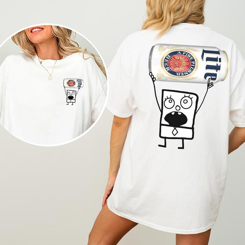 DoodleBob Miller Lite Unisex T-Shirt, Doodlebob Beer Graphic 2 Sided Shirt, Vintage Drink T-Shirt, Drinking Tshirt for Men, Comfort Cotton Fabric Tshirt, Printed Graphic Women's Top, Casual Womenswear, Drink Shirt