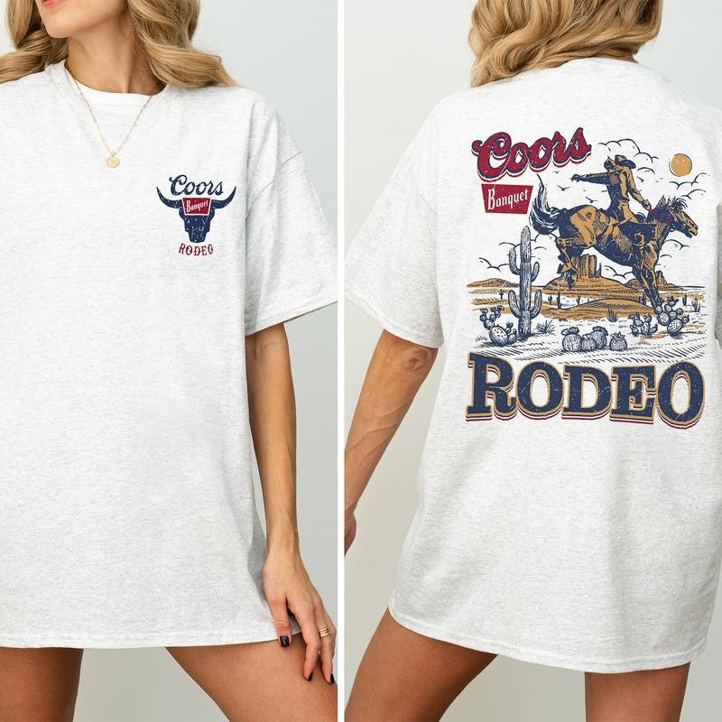 Coors Rodeo Vintage Graphic 2 Sided Shirt, Retro Rodeo T-Shirt, Wild Rodeo Yee Haw Cowboy T-shirt, Cowgirl Comfort Clothing, Cotton Fabric Tshirt, Printed Women's Top, Casual Womenswear, Drink Shirt
