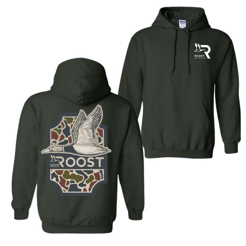 Roost Waterfowl Duck Hunting Hoodie - Camo Design, Graphic Hoodie, Ideal for Waterfowl Hunters, Unisex Comfort and Style, Menswear Top