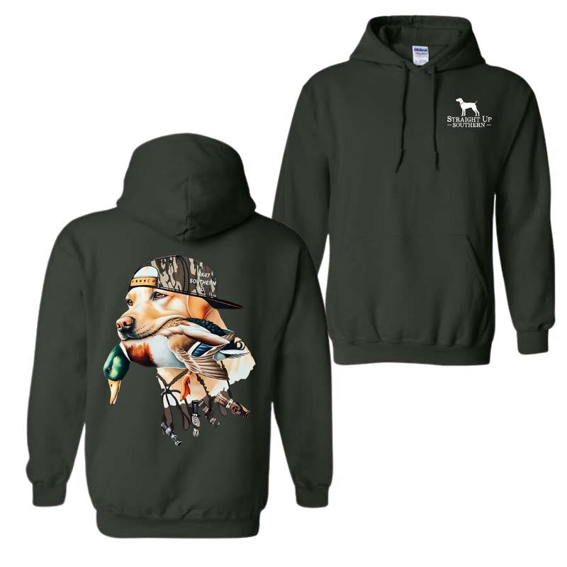 Straight Up Southern Hoodie - Bold Hunting Dog with Duck Graphic, Perfect for Outdoor Enthusiasts and Waterfowl Hunters, Unisex Hoodie