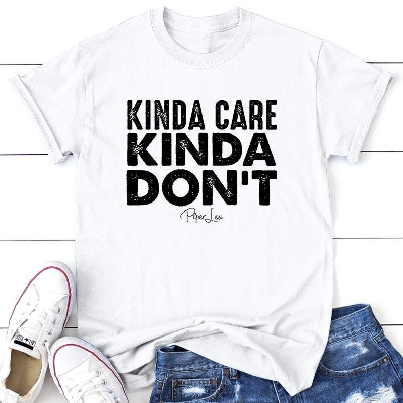 FLASH SALE | Kinda Care Kinda Don't Apparel, Proudly Printed In The USA, Tee / Tank / V Neck Gray / White / Blue / Hot Pink / Orange, #sassy #cute #blackprint