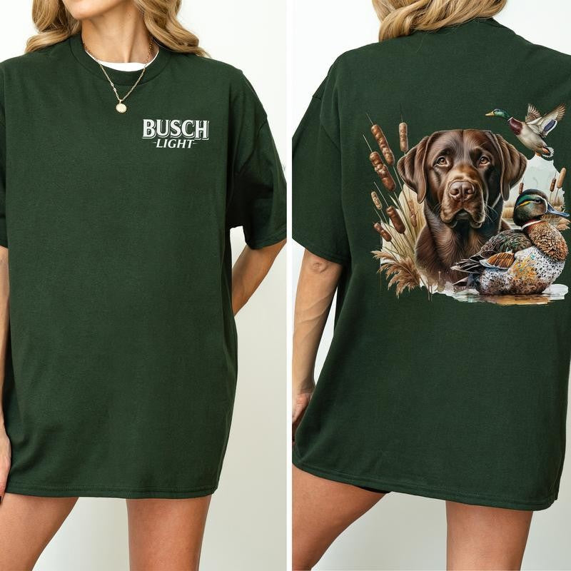 Busch Light Dog and Duck Graphic 2-Sided Shirt, Vintage Mallard Hunting Tshirt, Outdoors Dog Hunting Duck T-shirt, Cotton Fabric Casual Womenswear