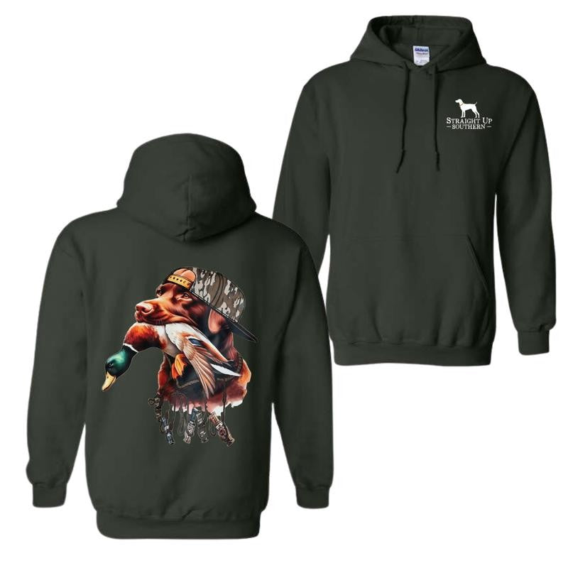 Straight Up Southern Hoodie â€“ Bold Brown Hunting Dog with Duck Graphic, Perfect for Outdoorsmen and Waterfowl Hunters, Unisex Hoodie for Adventure and Style Menswear Sweaters